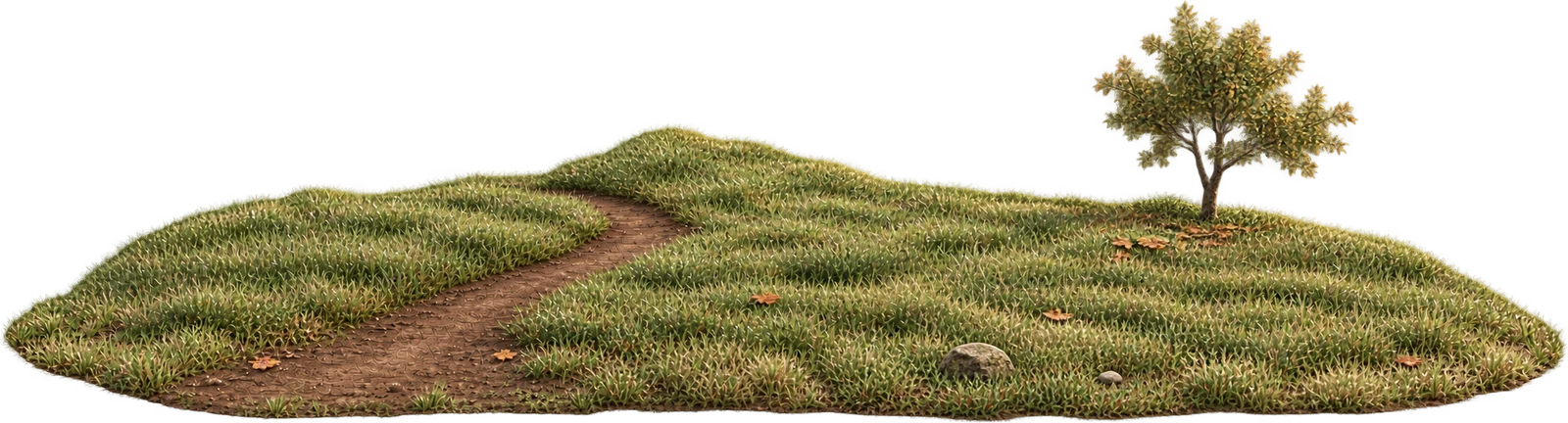 A muted park lawn with a dark dirt path, a small autumn tree, scattered leaves and a weathered stone