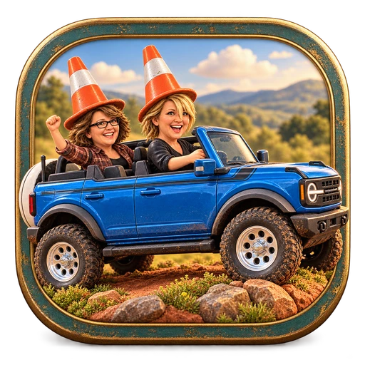 Holly and Jenifer in cone hats riding a blue Bronco